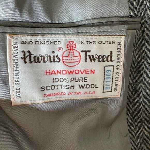 Vintage Mens Harris Tweed Black Gray Chevron Wool Preppy Sport Coat Blazer 36R - Picture 9 of 10